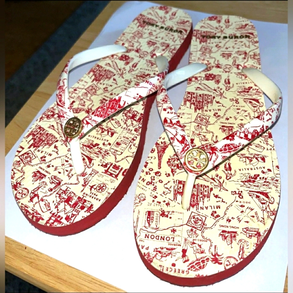 Tory Burch Thin Printed Flip-Flop Sandals Italy Thongs in Red Destination-Size 6